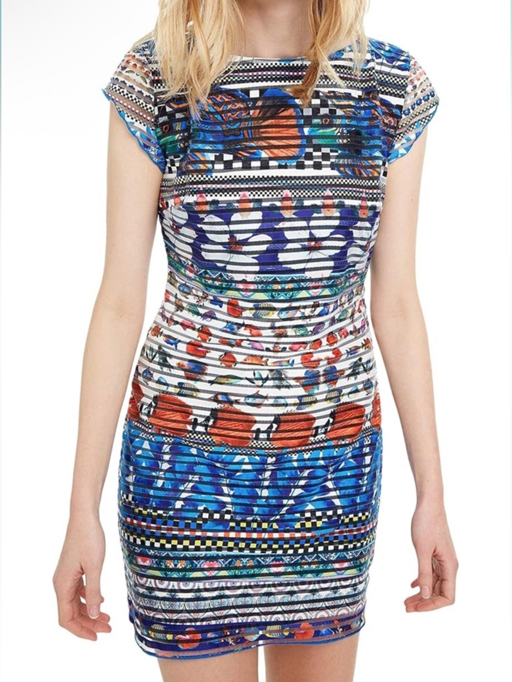 Desigual Fiona Dress Tropical Fish Printed Stripe Size XS